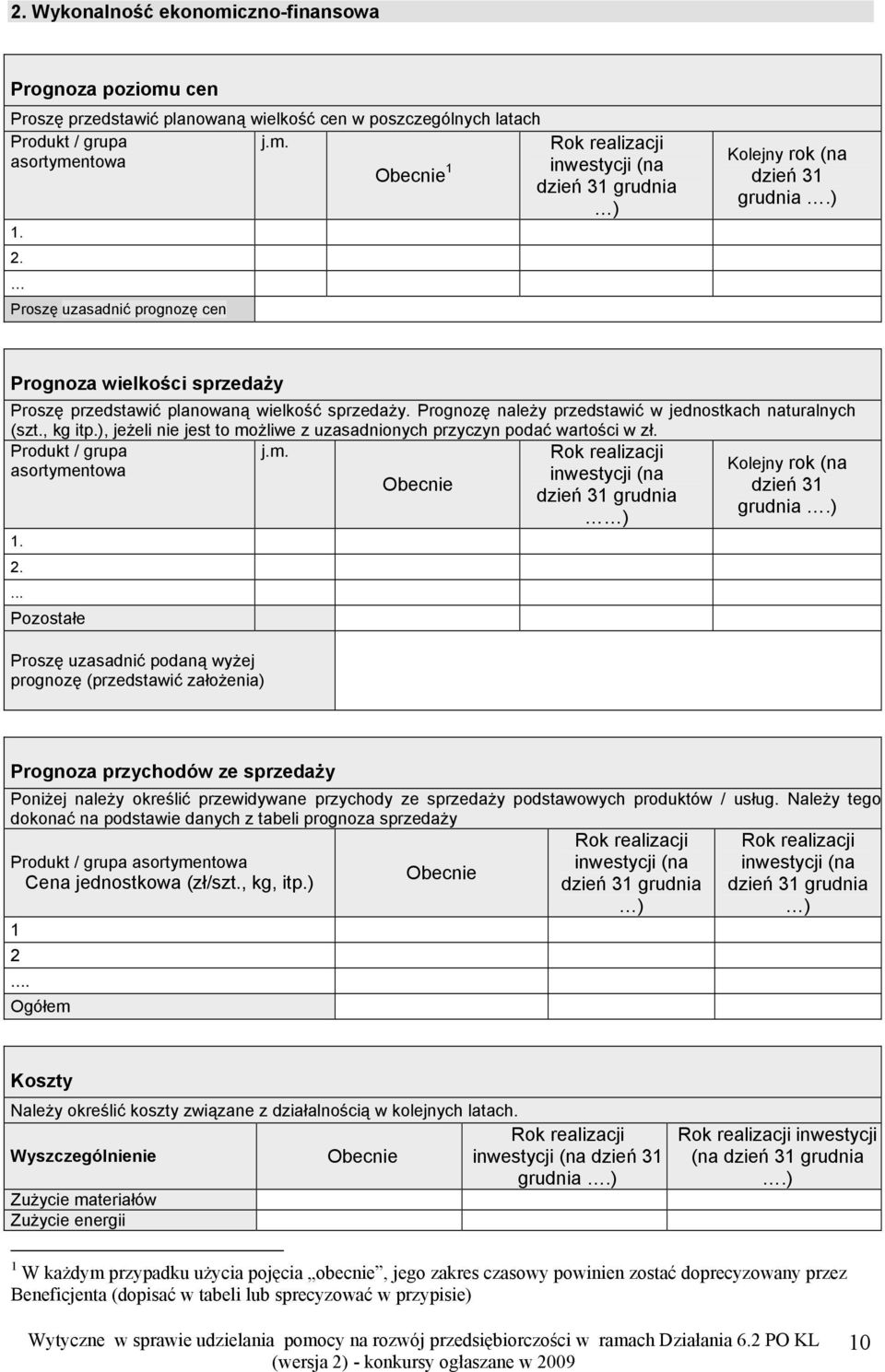 Prognozę należy przedstawić w jednostkach naturalnych (szt., kg itp.), jeżeli nie jest to możliwe z uzasadnionych przyczyn podać wartości w zł. Produkt / grupa j.m. asortymentowa 1. 2.