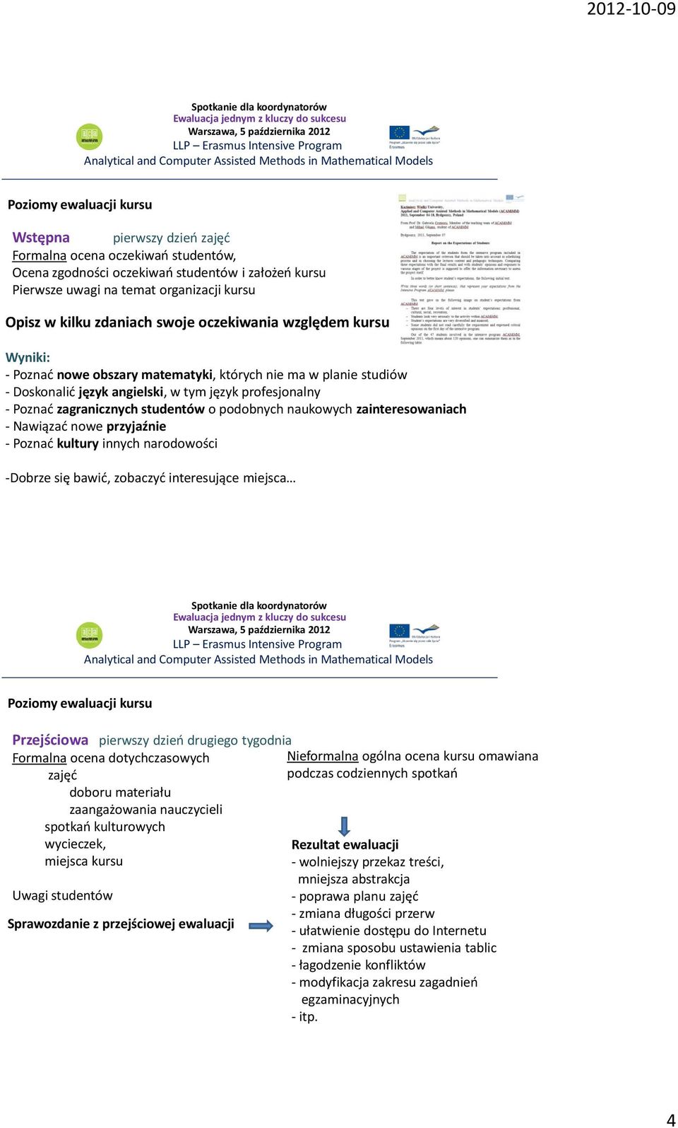 zainteresowaniach - Nawiązać nowe przyjaźnie - Poznać kultury innych narodowości -Dobrze się bawić, zobaczyć interesujące miejsca Przejściowa pierwszy dzień drugiego tygodnia Formalna ocena