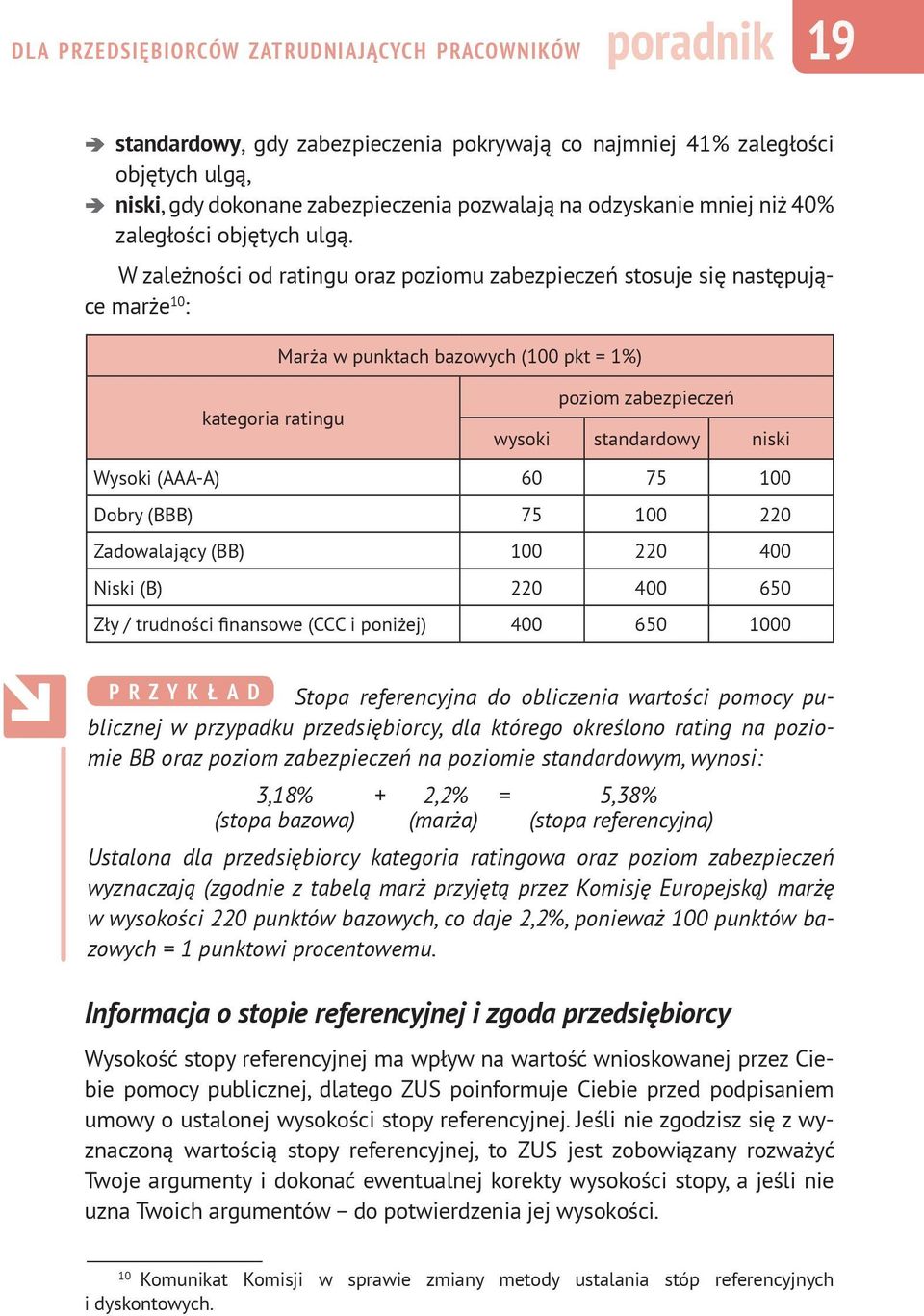 W zależności od ratingu oraz poziomu zabezpieczeń stosuje się następujące marże 10 : 7 Marża w punktach bazowych (100 pkt = 1%) kategoria ratingu poziom zabezpieczeń wysoki standardowy niski Wysoki