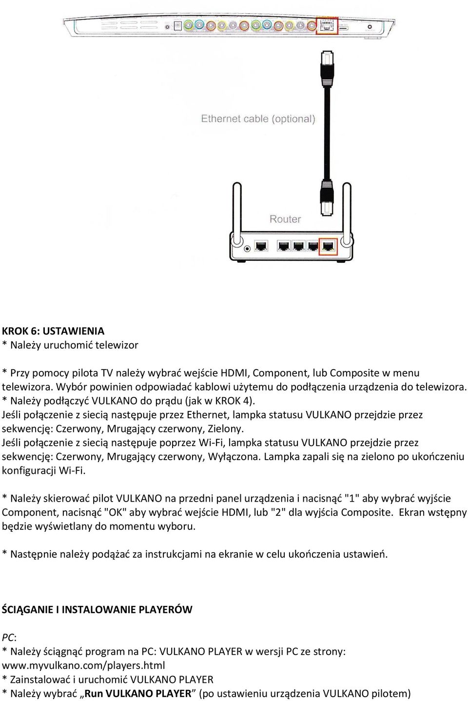 Jeśli połączenie z siecią następuje przez Ethernet, lampka statusu VULKANO przejdzie przez sekwencję: Czerwony, Mrugający czerwony, Zielony.