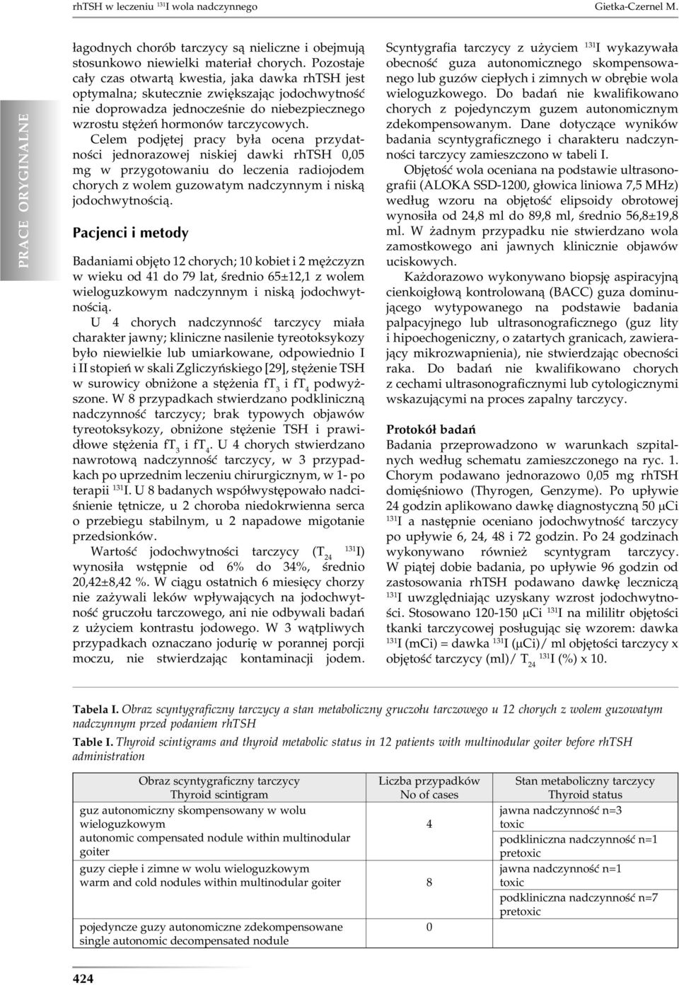 Celem podjętej pracy była ocena przydatności jednorazowej niskiej dawki rhtsh 0,05 mg w przygotowaniu do leczenia radiojodem chorych z wolem guzowatym nadczynnym i niską jodochwytnością.