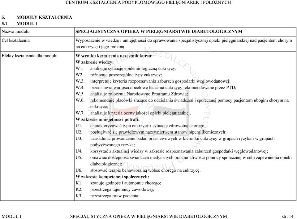 pielęgniarskiej nad pacjentem chorym na cukrzycę i jego rodziną. W wyniku kształcenia uczestnik kursu: W zakresie wiedzy: W1. analizuje sytuację epidemiologiczną cukrzycy; W2.