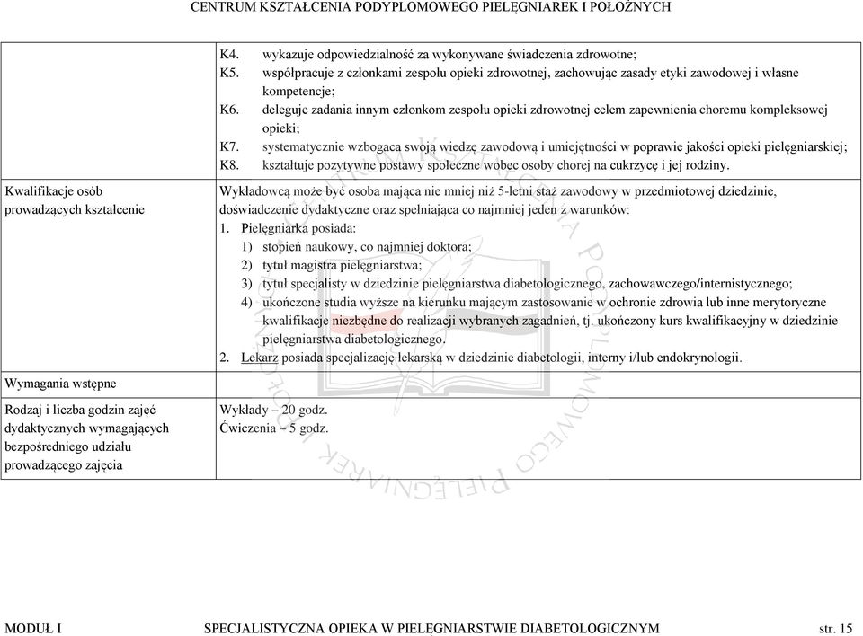 systematycznie wzbogaca swoją wiedzę zawodową i umiejętności w poprawie jakości opieki pielęgniarskiej; K8. kształtuje pozytywne postawy społeczne wobec osoby chorej na cukrzycę i jej rodziny.