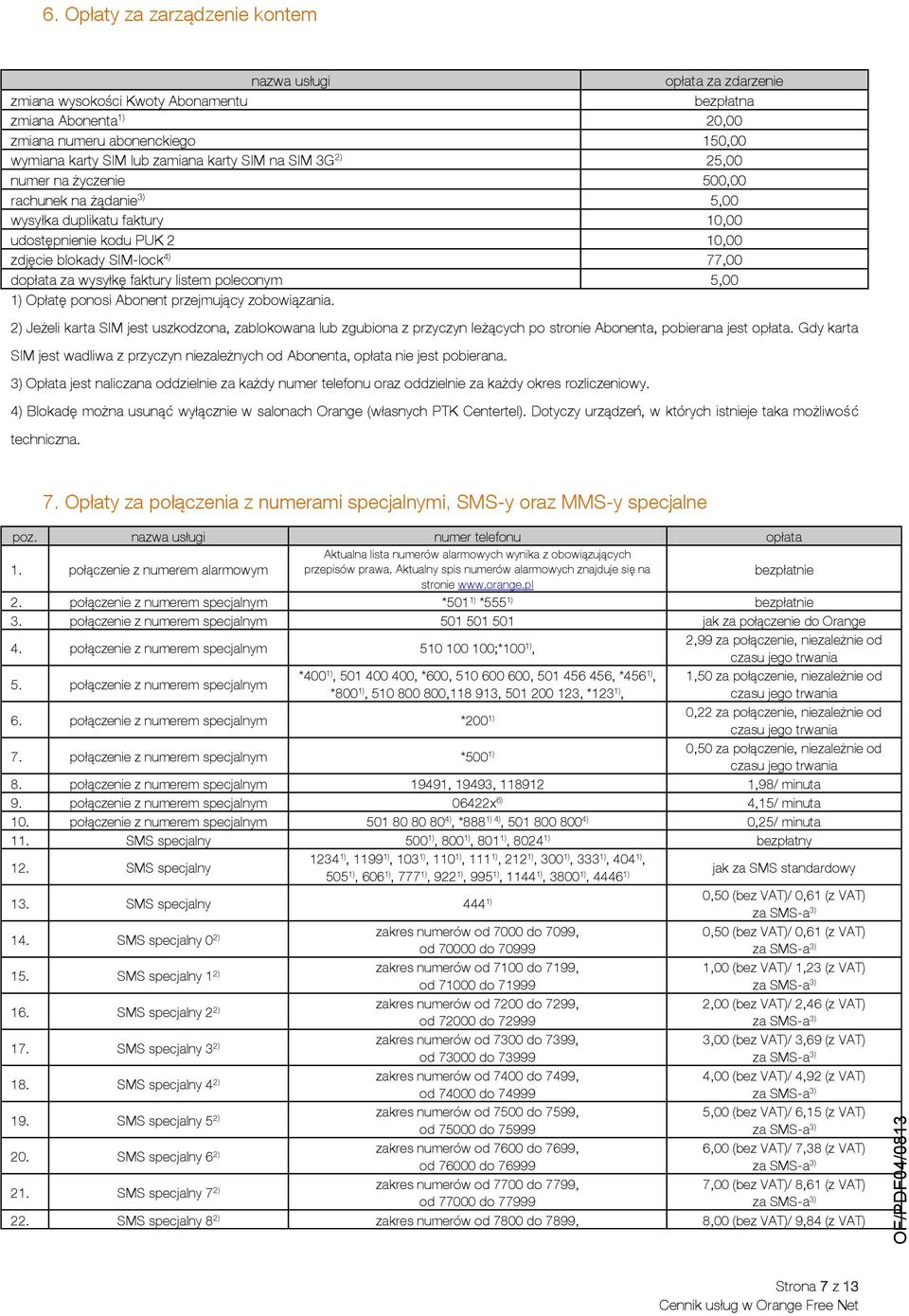 faktury listem poleconym 5,00 1) Opłatę ponosi Abonent przejmujący zobowiązania.