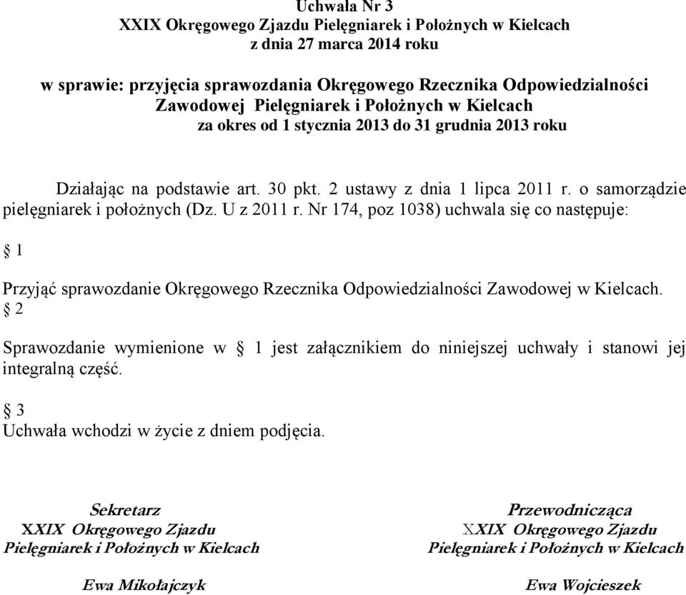 Nr 174, poz 1038) uchwala się co następuje: 1 Przyjąć sprawozdanie Okręgowego Rzecznika Odpowiedzialności Zawodowej w Kielcach.
