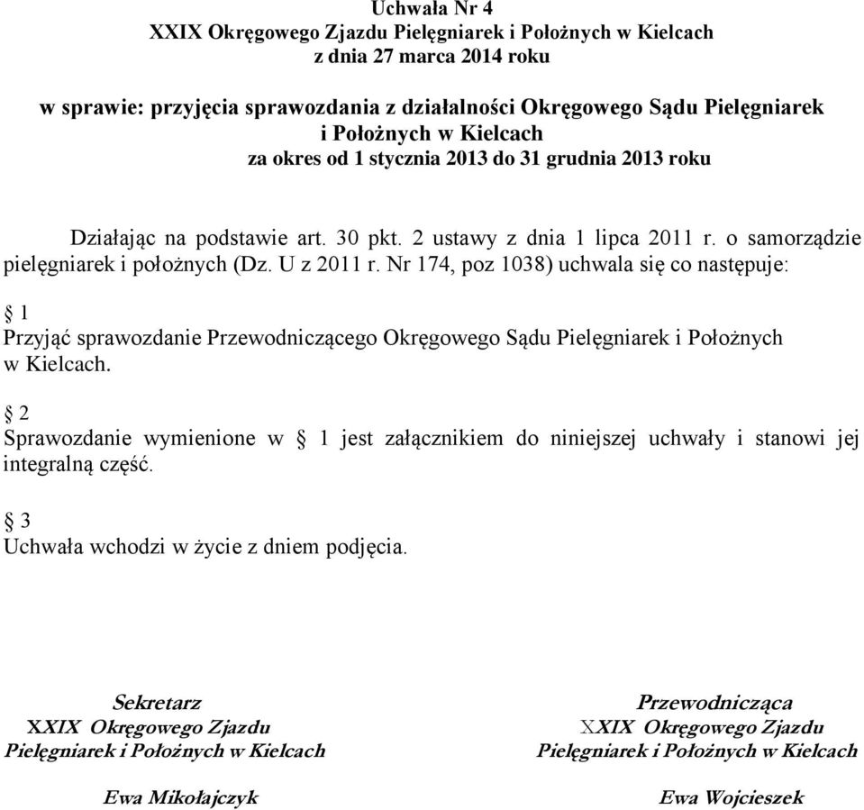 Nr 174, poz 1038) uchwala się co następuje: 1 Przyjąć sprawozdanie Przewodniczącego Okręgowego Sądu Pielęgniarek i Położnych w Kielcach.