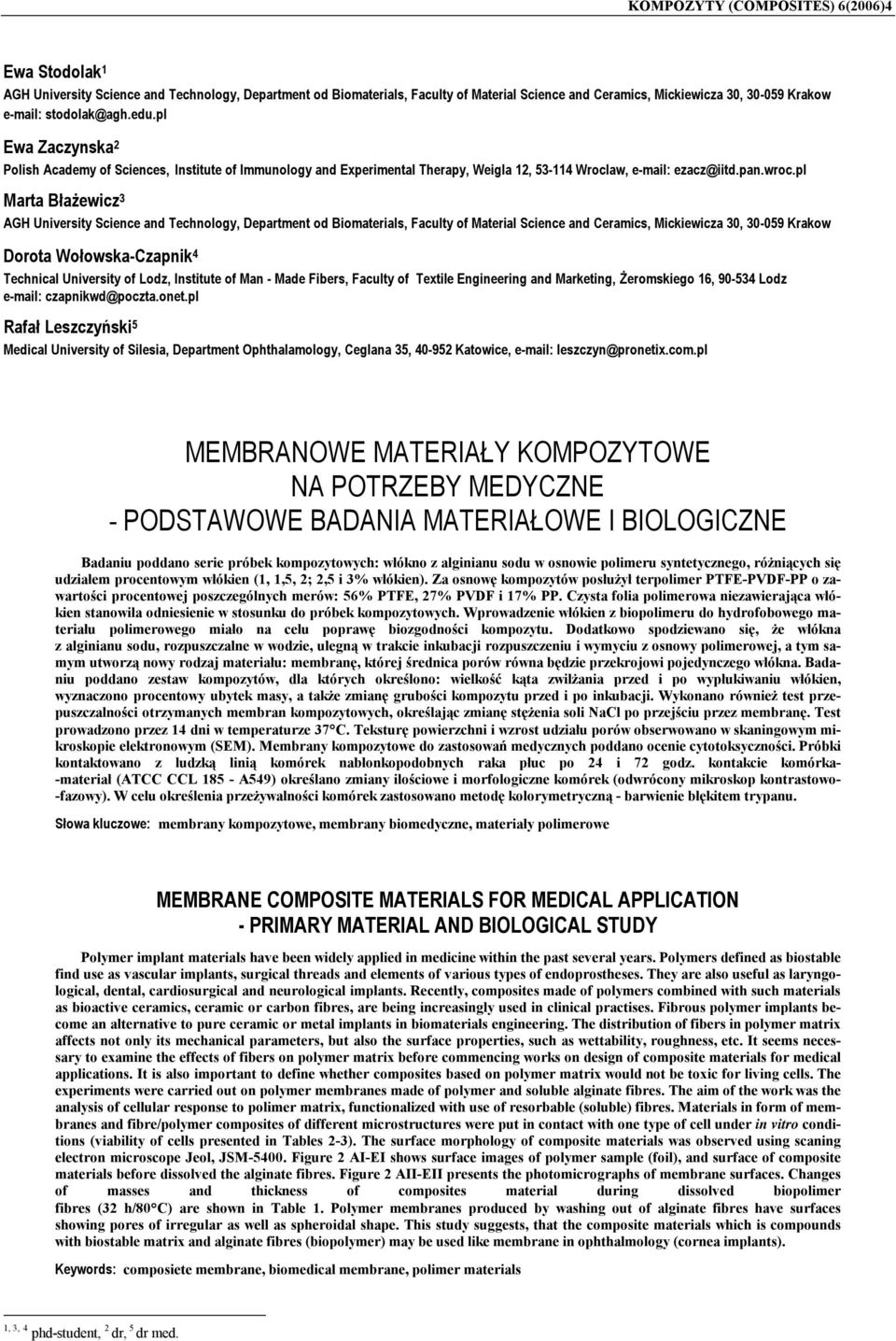 pl Marta Błażewicz 3 AGH University Science and Technology, Department od Biomaterials, Faculty of Material Science and Ceramics, Mickiewicza 30, 30-059 Krakow Dorota Wołowska-Czapnik 4 Technical