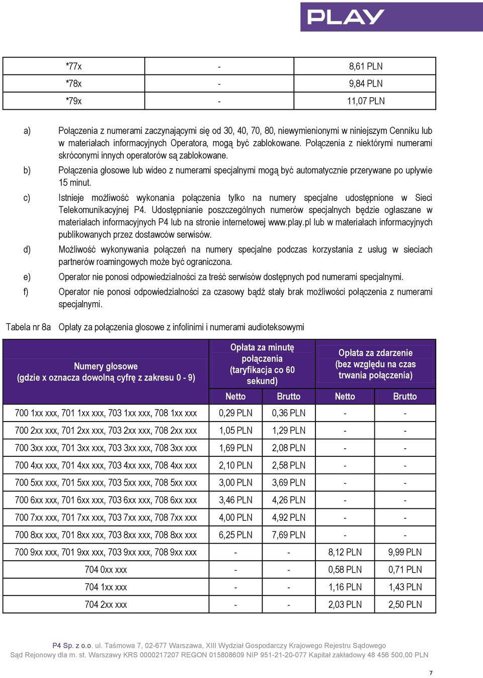 b) Połączenia głosowe lub wideo z numerami specjalnymi mogą być automatycznie przerywane po upływie 15 minut.