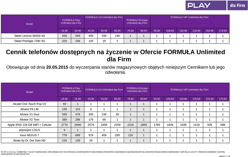 dla Firm Obowiązuje od dnia 20.05.2015 do wyczerpania stanów magazynowych objętych niniejszym Cennikiem lub jego odwołania.