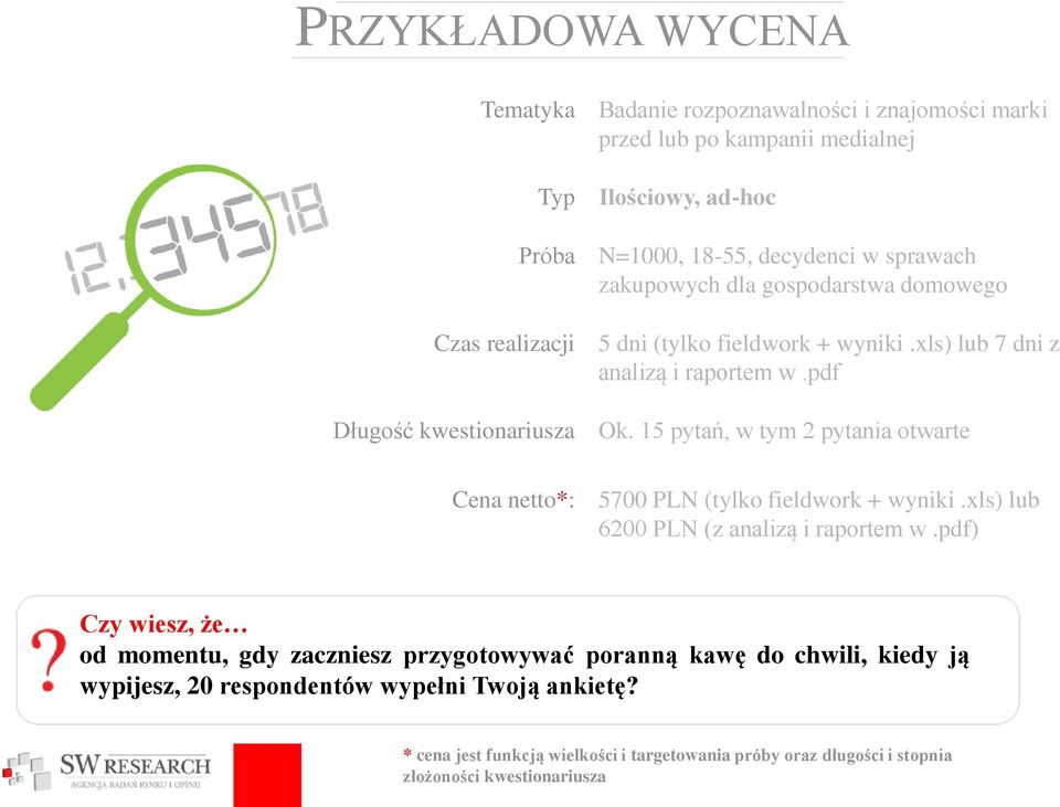 15 pytań, w tym 2 pytania otwarte Cena netto*: 5700 PLN (tylko fieldwork + wyniki.xls) lub 6200 PLN (z analizą i raportem w.