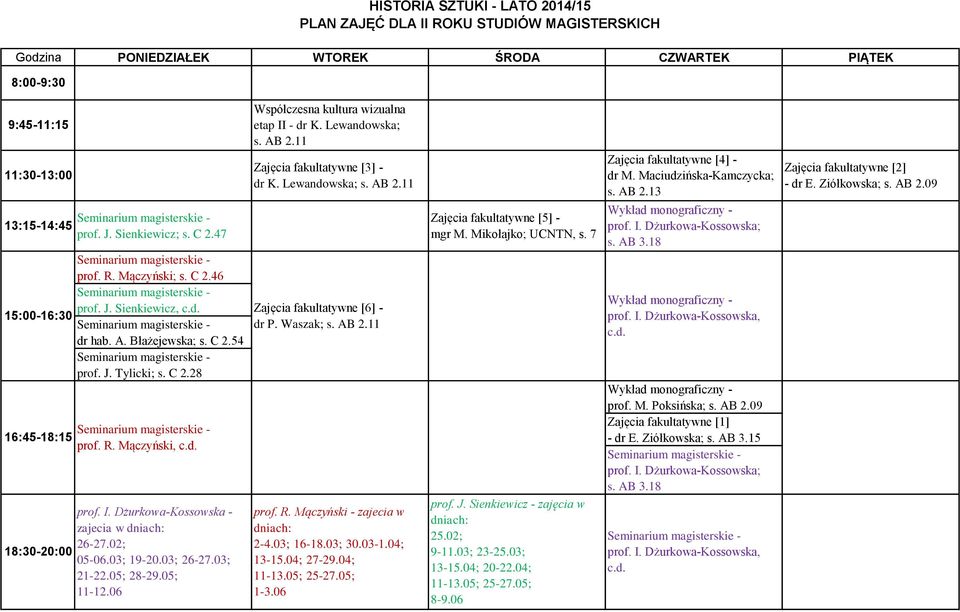 11 Zajęcia fakultatywne [3] - dr K. Lewandowska; s. AB 2.11 prof. J.