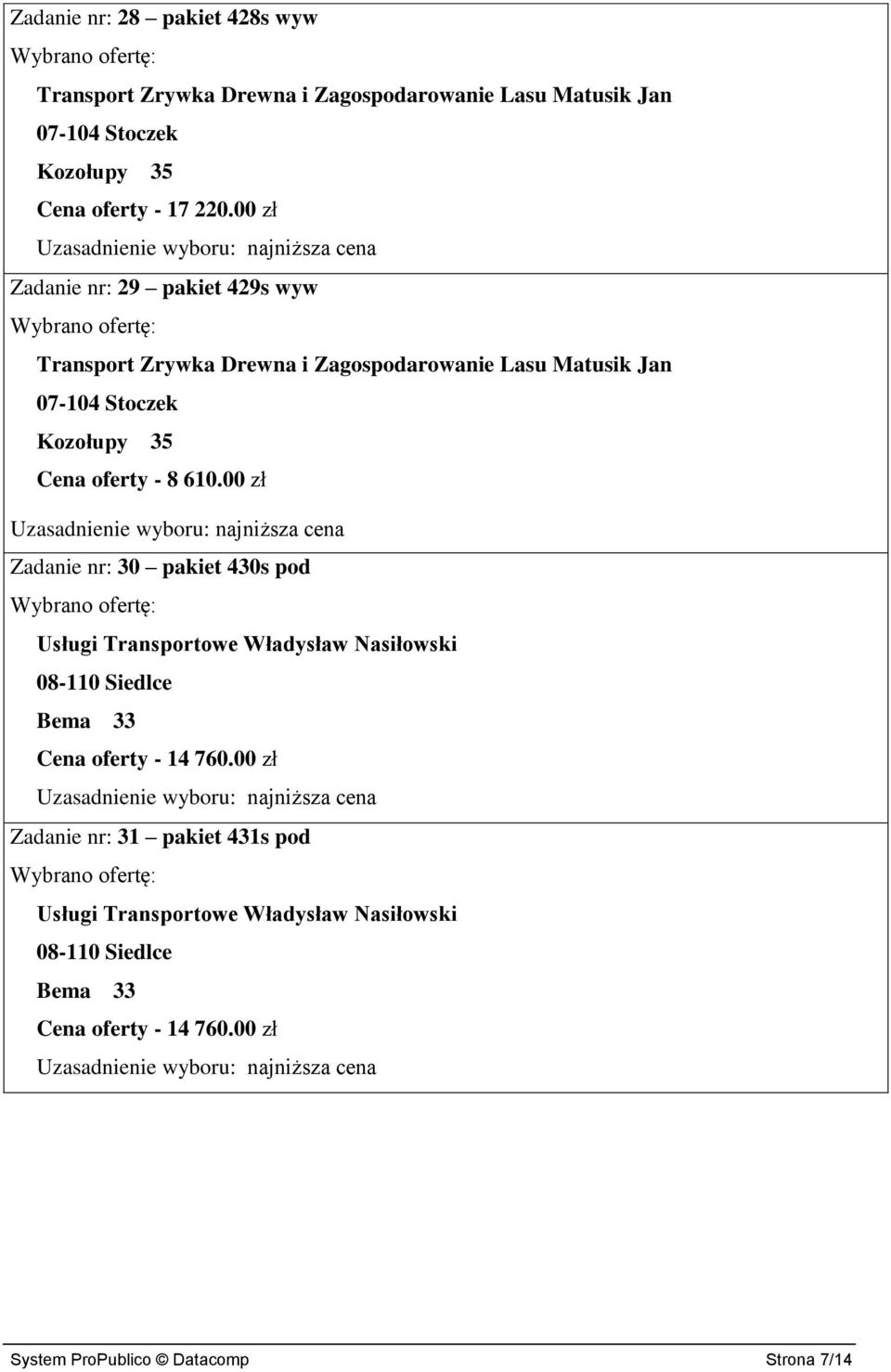 oferty - 8 610.00 zł Zadanie nr: 30 pakiet 430s pod Władysław Nasiłowski Cena oferty - 14 760.