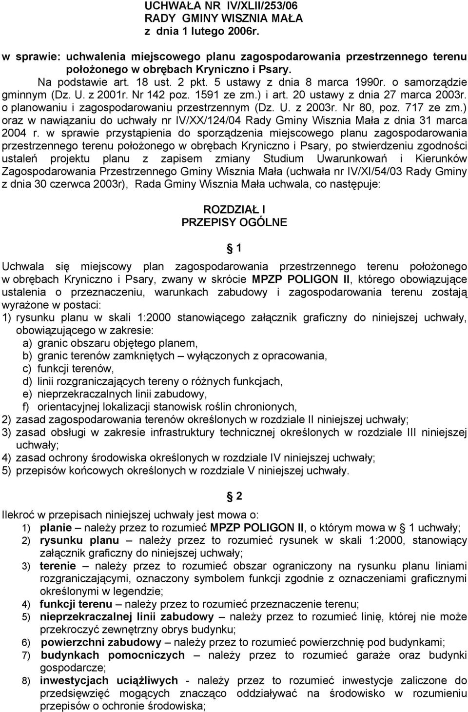 o planowaniu i zagospodarowaniu przestrzennym (Dz. U. z 2003r. Nr 80, poz. 717 ze zm.) oraz w nawiązaniu do uchwały nr IV/XX/124/04 Rady Gminy Wisznia Mała z dnia 31 marca 2004 r.