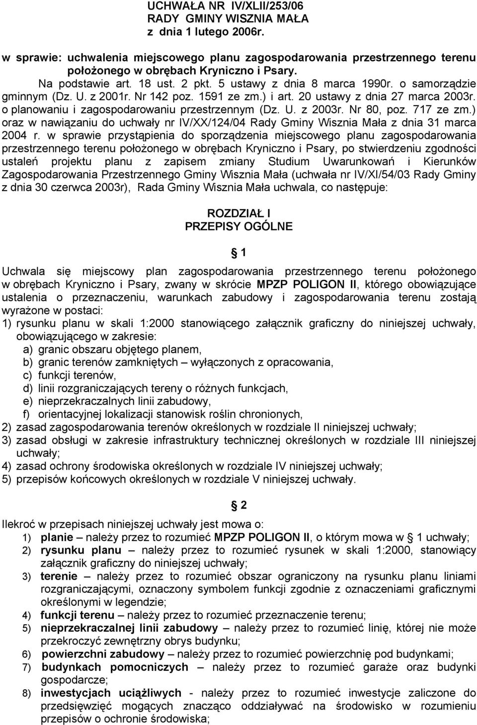 o planowaniu i zagospodarowaniu przestrzennym (Dz. U. z 2003r. Nr 80, poz. 717 ze zm.) oraz w nawiązaniu do uchwały nr IV/XX/124/04 Rady Gminy Wisznia Mała z dnia 31 marca 2004 r.