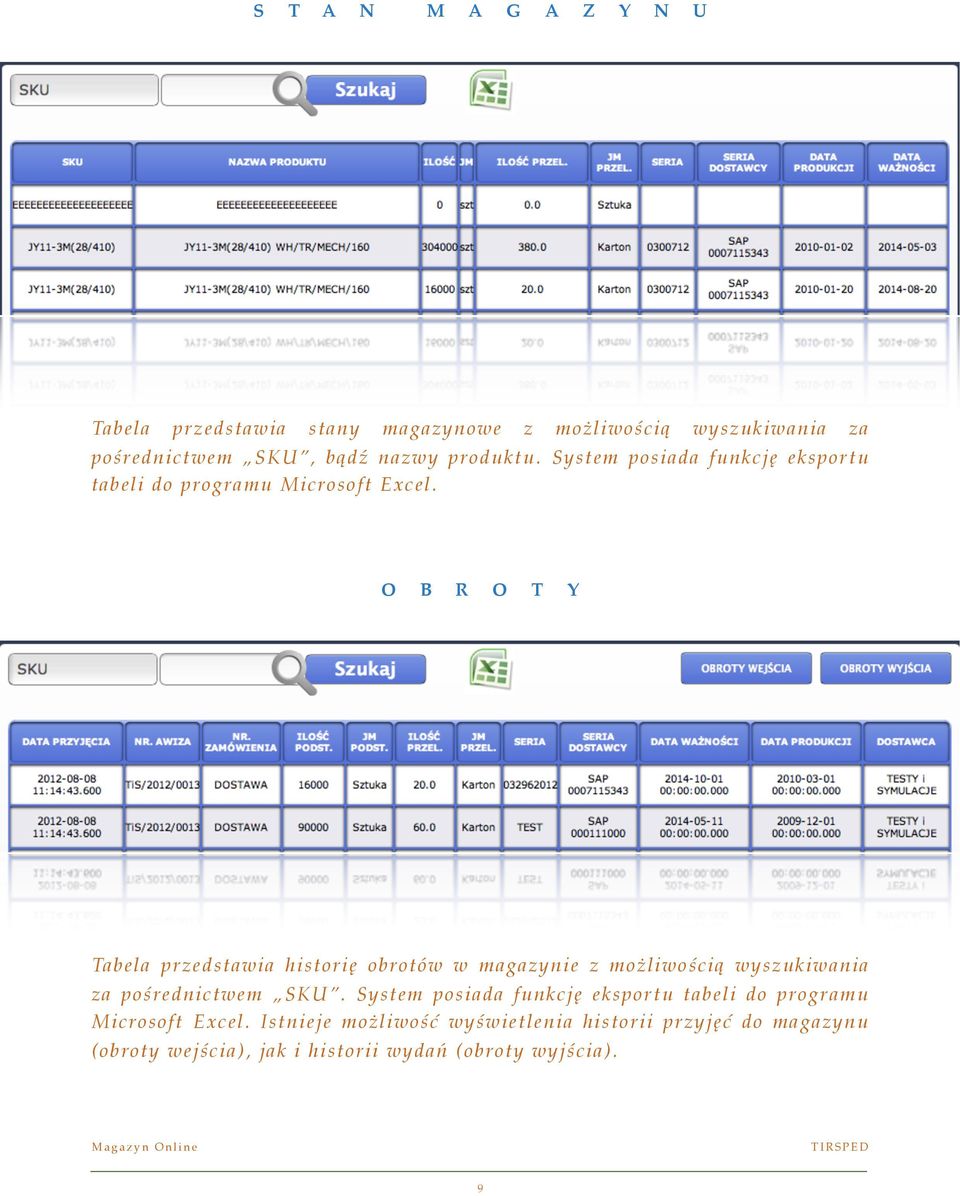 O B R O T Y Tabela przedstawia historię obrotów w magazynie z możliwością wyszukiwania za pośrednictwem SKU.