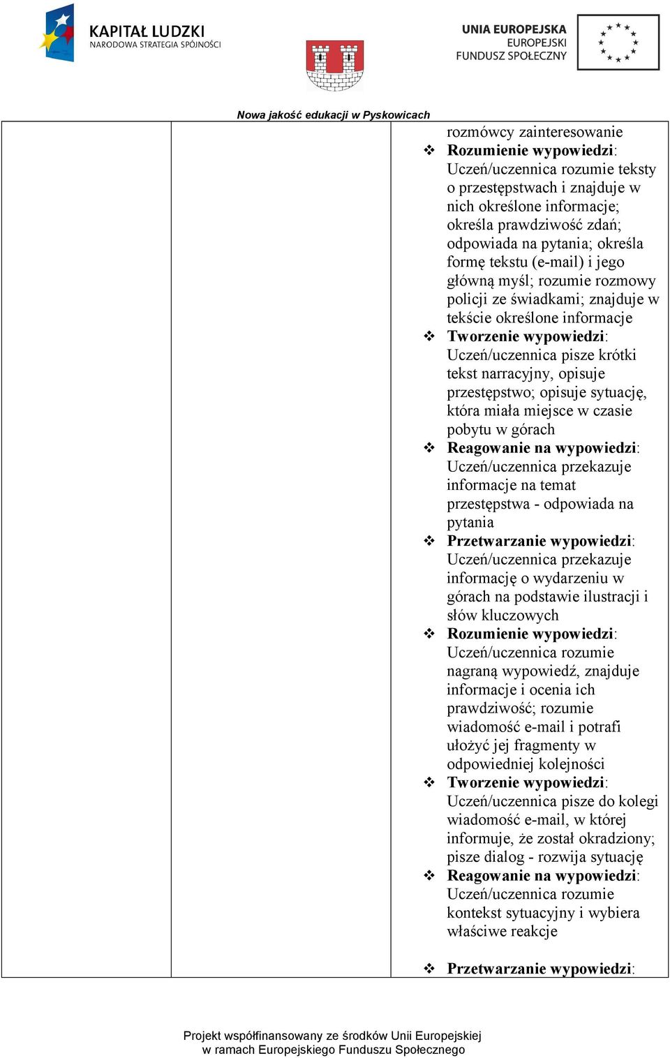czasie pobytu w górach informacje na temat przestępstwa - odpowiada na pytania informację o wydarzeniu w górach na podstawie ilustracji i słów kluczowych Uczeń/uczennica rozumie nagraną wypowiedź,