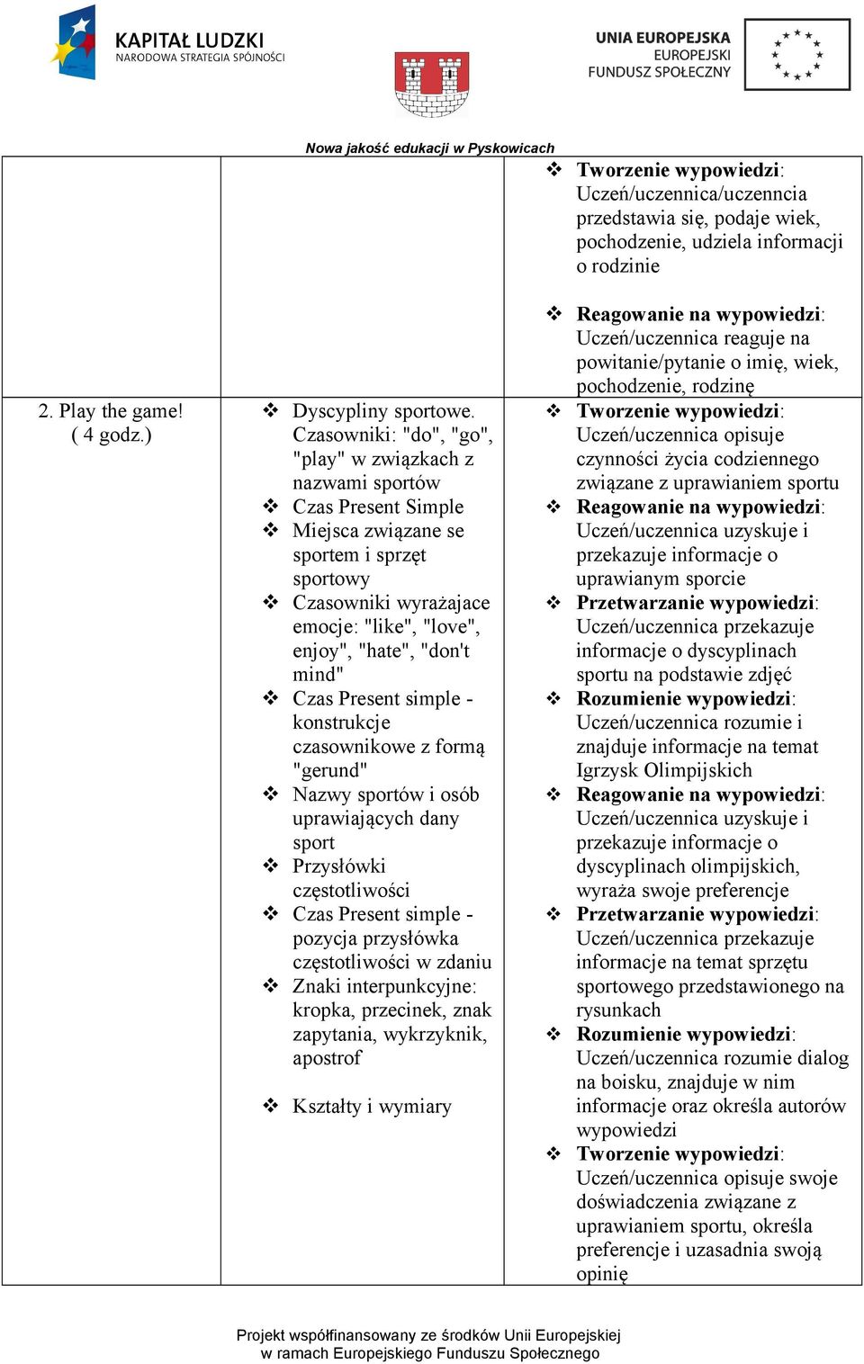 mind" Czas Present simple - konstrukcje czasownikowe z formą "gerund" Nazwy sportów i osób uprawiających dany sport Przysłówki częstotliwości Czas Present simple - pozycja przysłówka częstotliwości w