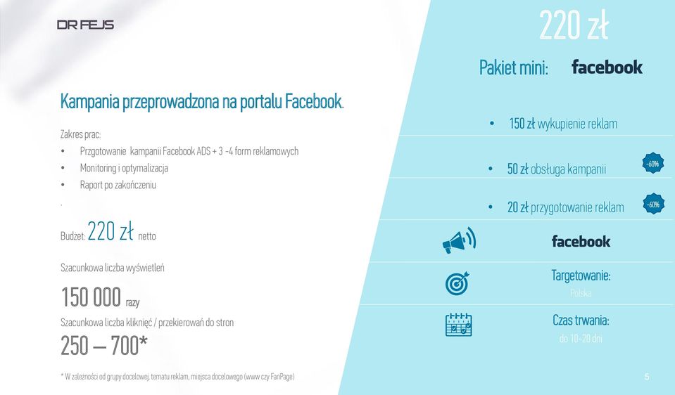 Budżet: 220 zł netto Pakiet mini: 220 zł 150 zł wykupienie reklam 50 zł obsługa kampanii 20 zł przygotowanie reklam Szacunkowa