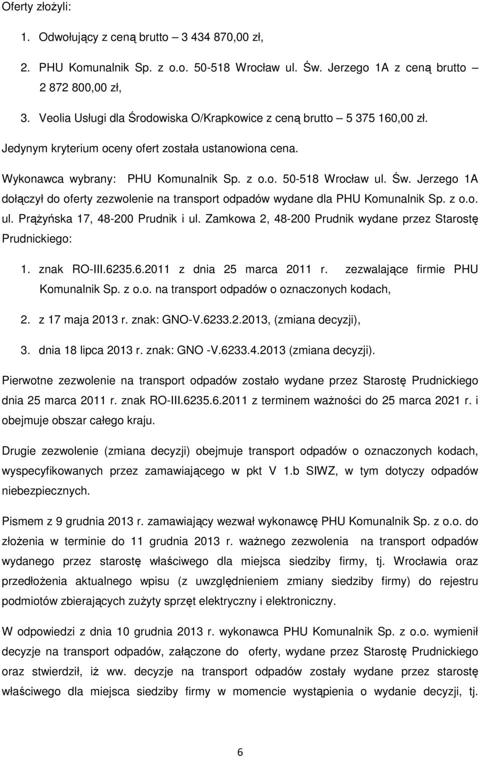 Jerzego 1A dołączył do oferty zezwolenie na transport odpadów wydane dla PHU Komunalnik Sp. z o.o. ul. Prążyńska 17, 48-200 Prudnik i ul.