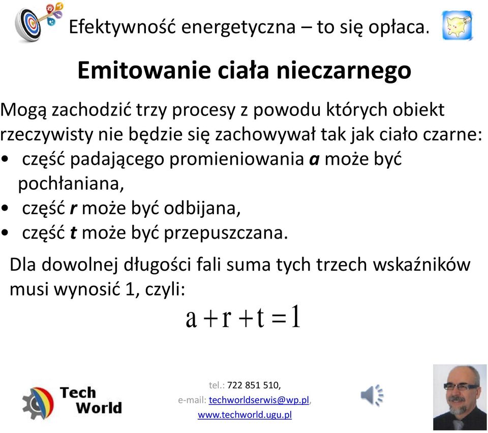 promieniowania a może być pochłaniana, część r może być odbijana, część t może być