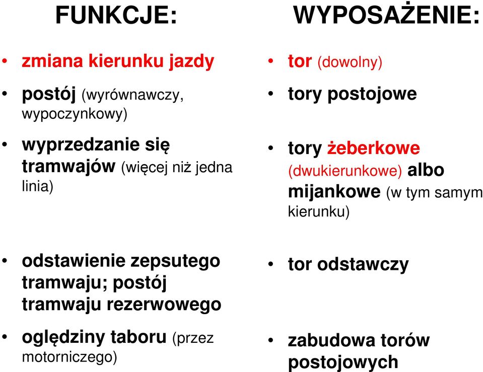 (dwukierunkowe) albo mijankowe (w tym samym kierunku) odstawienie zepsutego tramwaju;