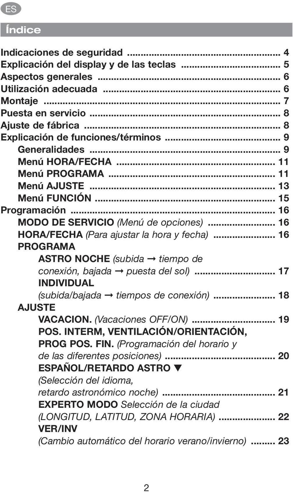 .. 16 HORA/FECHA (Para ajustar la hora y fecha)... 16 PROGRAMA ASTRO NOCHE (subida tiempo de conexión, bajada puesta del sol)... 17 INDIVIDUAL (subida/bajada tiempos de conexión)... 18 AJUSTE VACACION.
