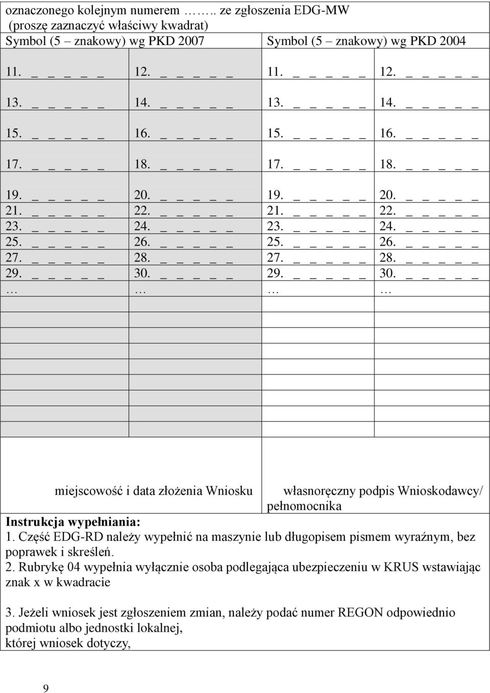 _ 29. _ 30. _ miejscowość i data złożenia Wniosku własnoręczny podpis Wnioskodawcy/ pełnomocnika Instrukcja wypełniania: 1.