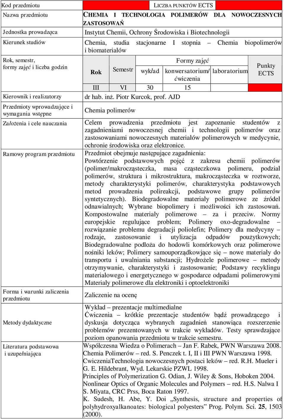 Semestr wyk ad konwersatorium/ laboratorium wiczenia III VI 30 15 dr hab. in. Piotr Kurcok, prof.