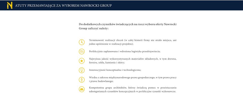 wykorzystywanych materiałów składowych, w tym drewna, forniru, szkła, kamienia i skóry; Innowacyjność konceptualna i technologiczna; Wiedza z zakresu międzynarodowego prawa