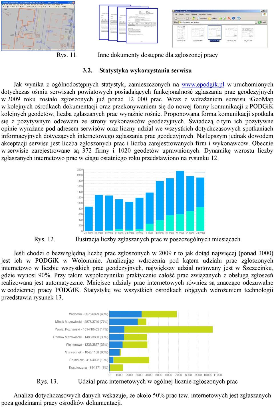Wraz z wdrażaniem serwisu igeomap w kolejnych ośrodkach dokumentacji oraz przekonywaniem się do nowej formy komunikacji z PODGiK kolejnych geodetów, liczba zgłaszanych prac wyraźnie rośnie.