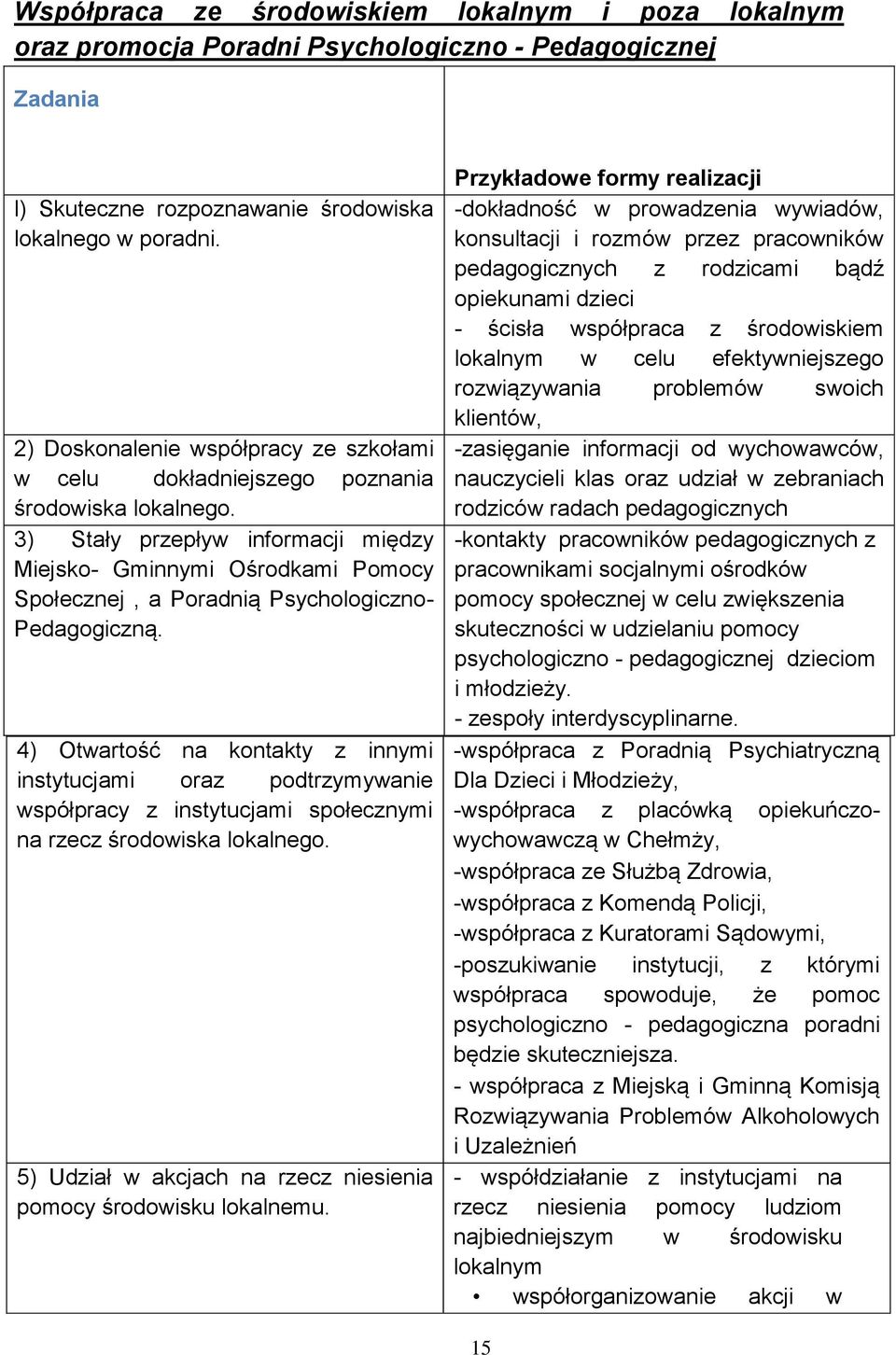 3) Stały przepływ informacji między Miejsko- Gminnymi Ośrodkami Pomocy Społecznej, a Poradnią Psychologiczno- Pedagogiczną.