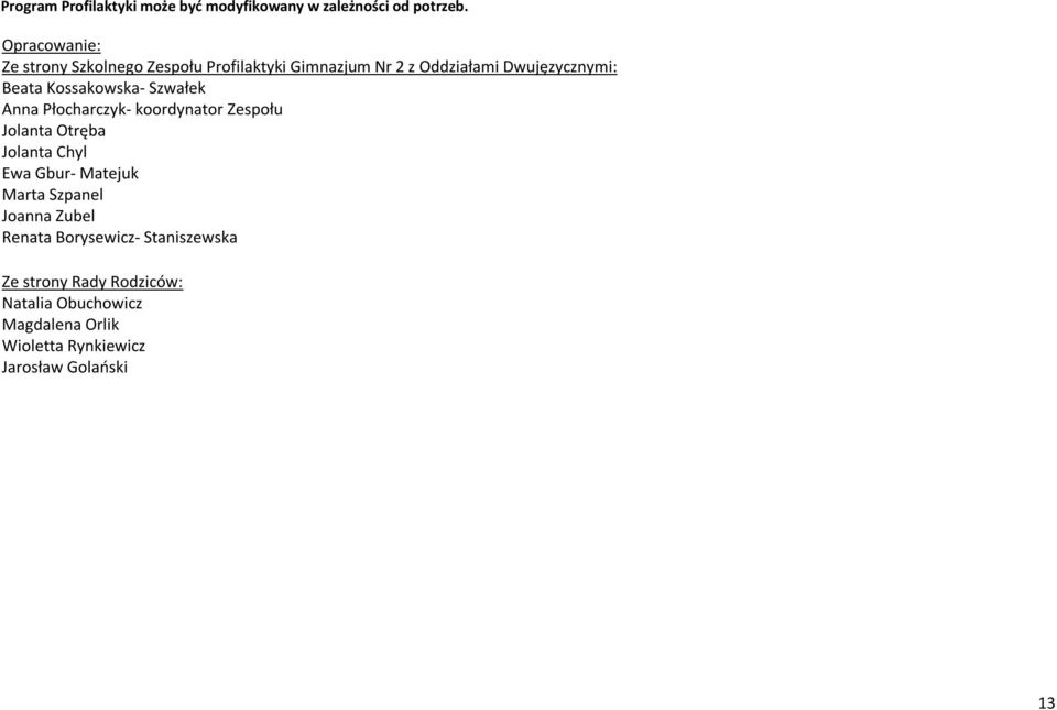 Kossakowska- Szwałek Anna Płocharczyk- koordynator Zespołu Jolanta Otręba Jolanta Chyl Ewa Gbur- Matejuk