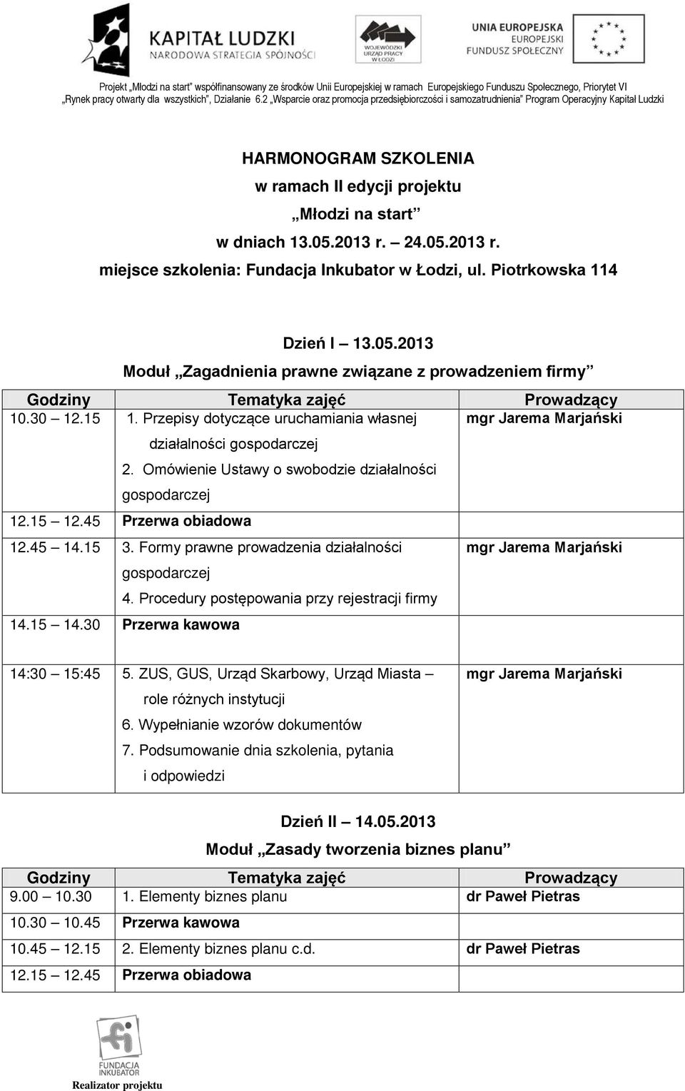 Formy prawne prowadzenia działalności mgr Jarema Marjański gospodarczej 4. Procedury postępowania przy rejestracji firmy 14.15 14.30 Przerwa kawowa 14:30 15:45 5.