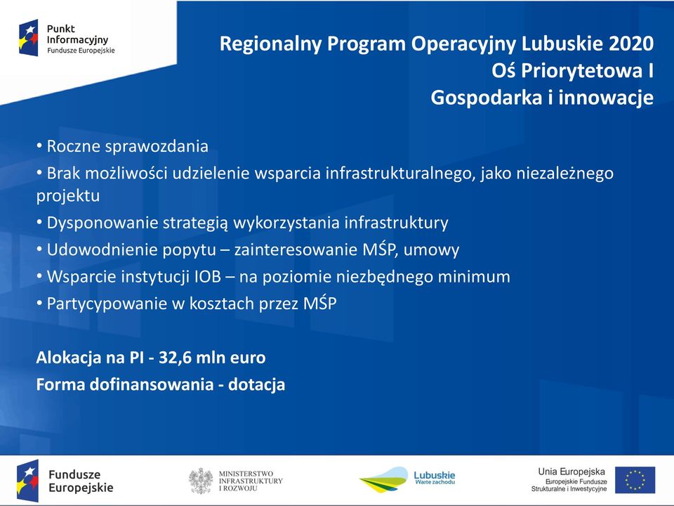 wykorzystania infrastruktury Udowodnienie popytu zainteresowanie MŚP, umowy Wsparcie instytucji IOB na