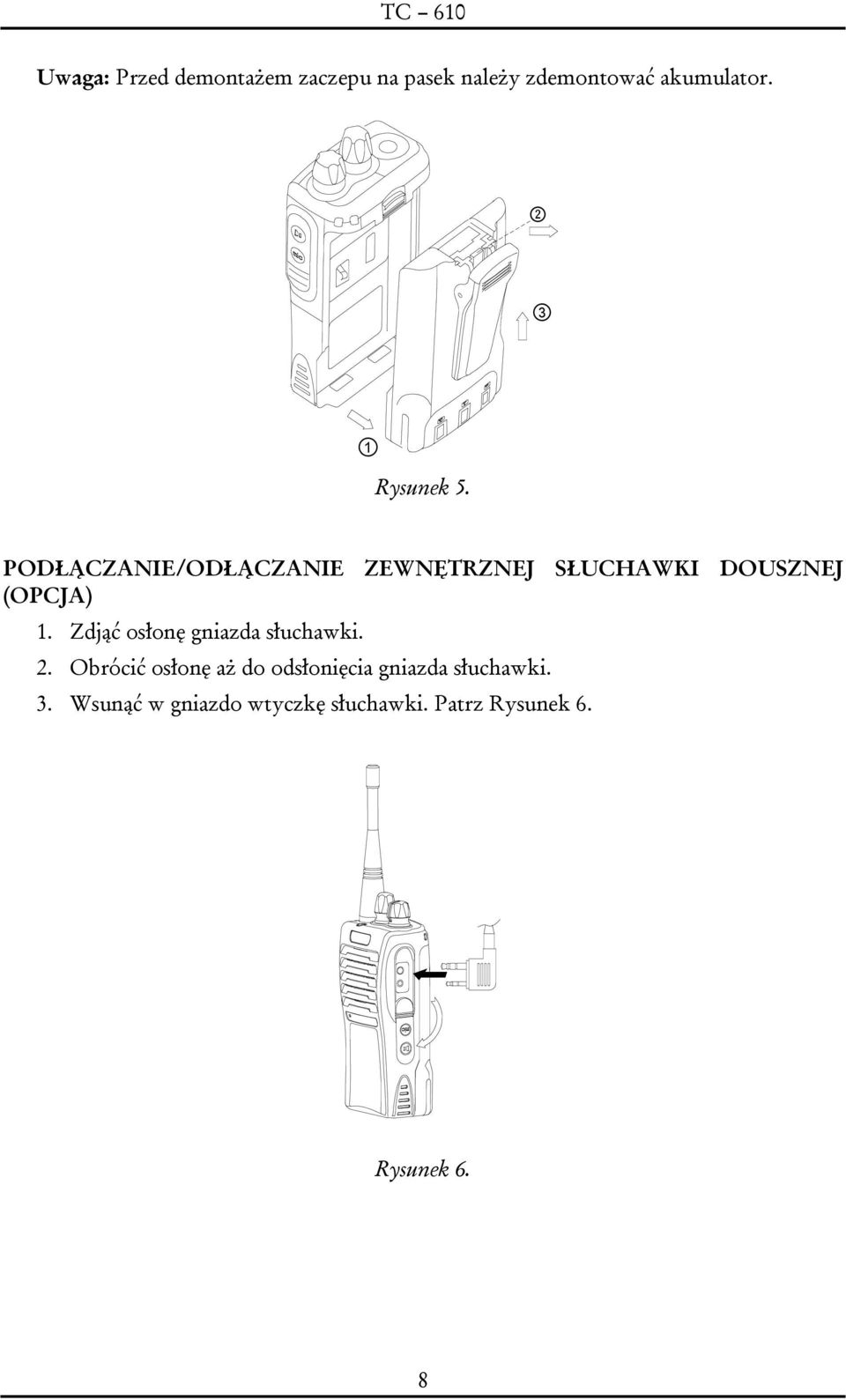 PODŁĄCZANIE/ODŁĄCZANIE ZEWNĘTRZNEJ SŁUCHAWKI DOUSZNEJ (OPCJA) 1.