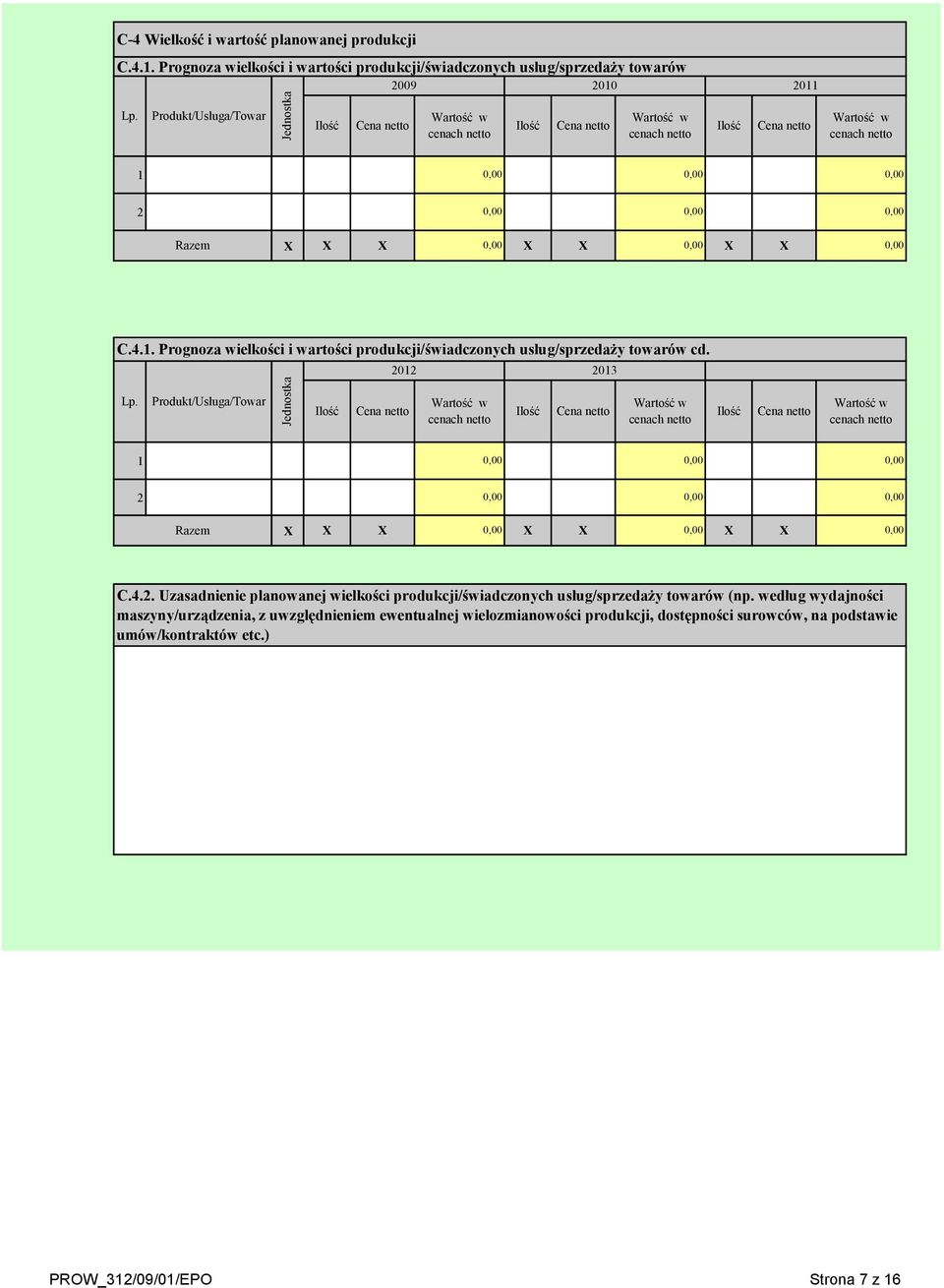 2 X X X X X X X C.4.1. Prognoza wielkości i wartości produkcji/świadczonych usług/sprzedaży towarów cd. 2012 2013 Lp. 2 X X X X X X X C.4.2. Uzasadnienie planowanej wielkości produkcji/świadczonych usług/sprzedaży towarów (np.