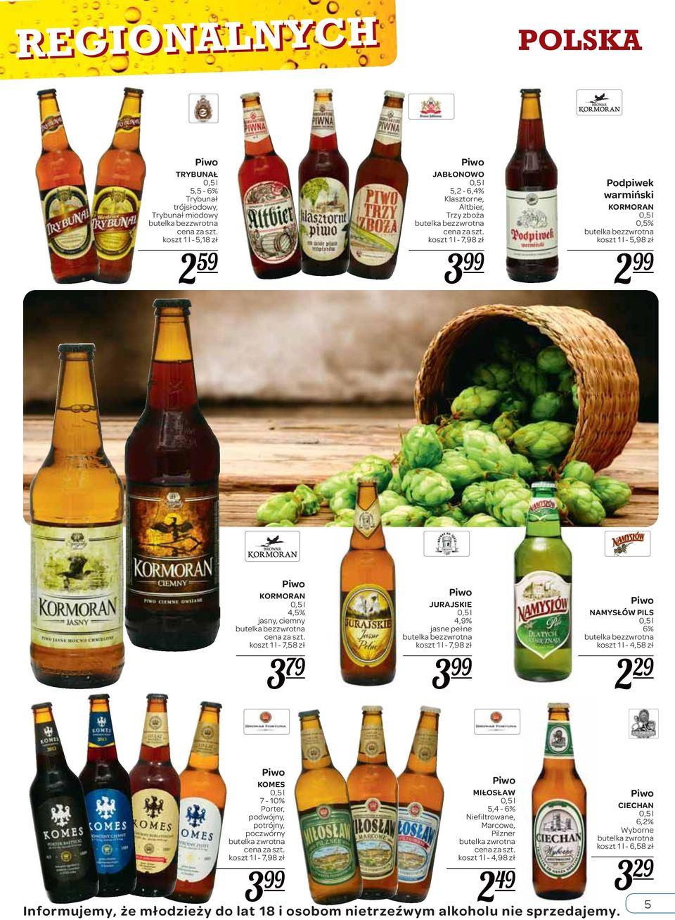 JURAJSKIE 4,9% jasne pełne NAMYSŁÓW PILS 6% koszt 1 l - 4,58 zł 2 29 KOMES 7-10% Porter, podwójny, potrójny, poczwórny zwrotna