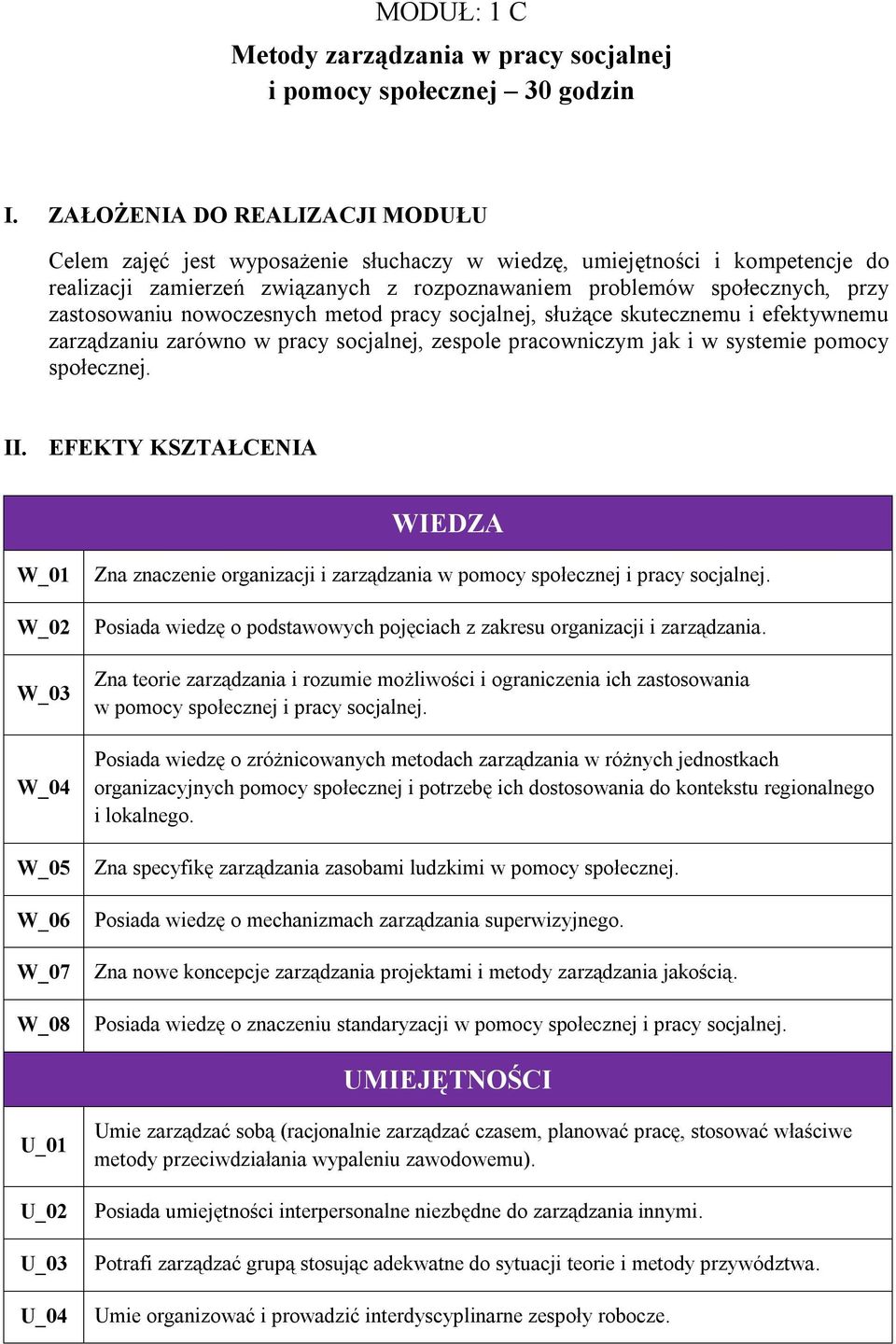 nowoczesnych metod pracy socjalnej, służące skutecznemu i efektywnemu zarządzaniu zarówno w pracy socjalnej, zespole pracowniczym jak i w systemie pomocy społecznej. II.