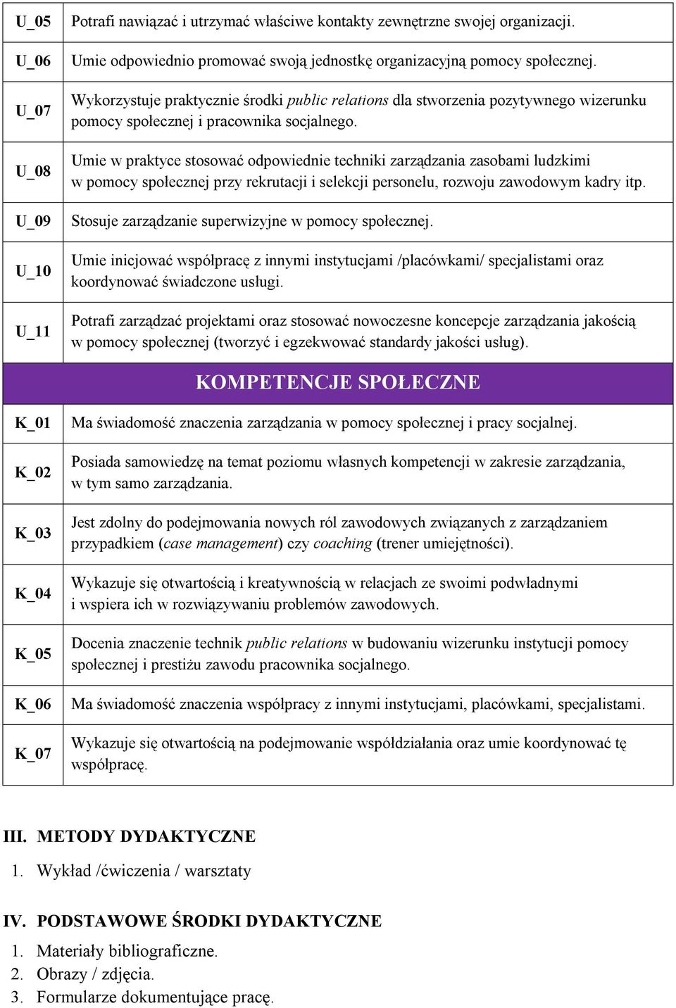 Umie w praktyce stosować odpowiednie techniki zarządzania zasobami ludzkimi w pomocy społecznej przy rekrutacji i selekcji personelu, rozwoju zawodowym kadry itp.