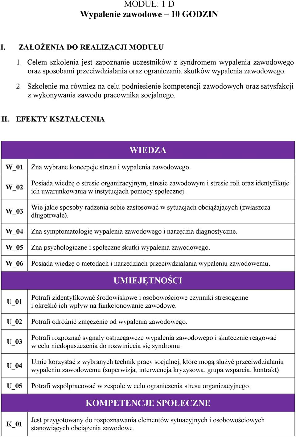 Szkolenie ma również na celu podniesienie kompetencji zawodowych oraz satysfakcji z wykonywania zawodu pracownika socjalnego. II.