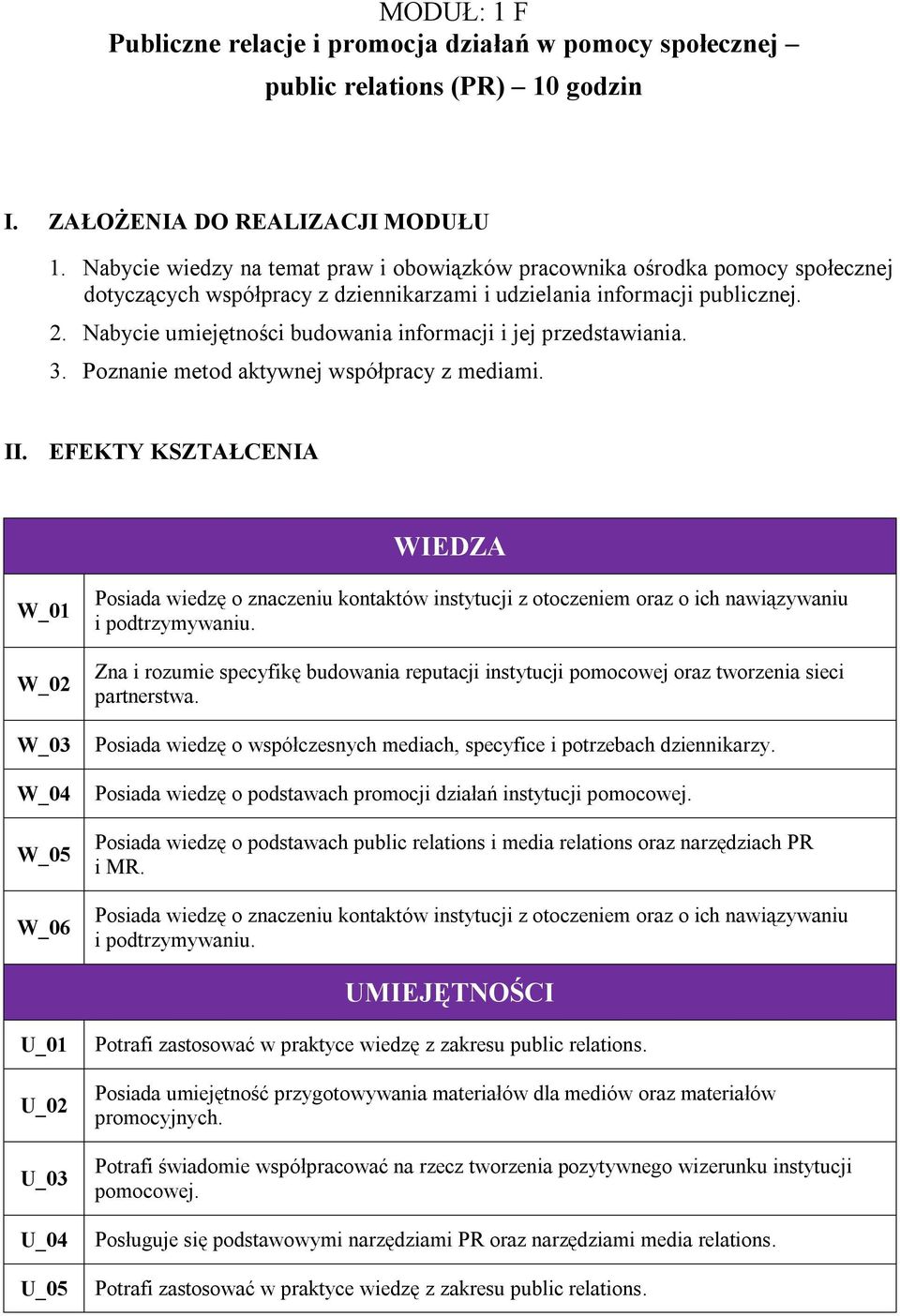 Nabycie umiejętności budowania informacji i jej przedstawiania. 3. Poznanie metod aktywnej współpracy z mediami. II.