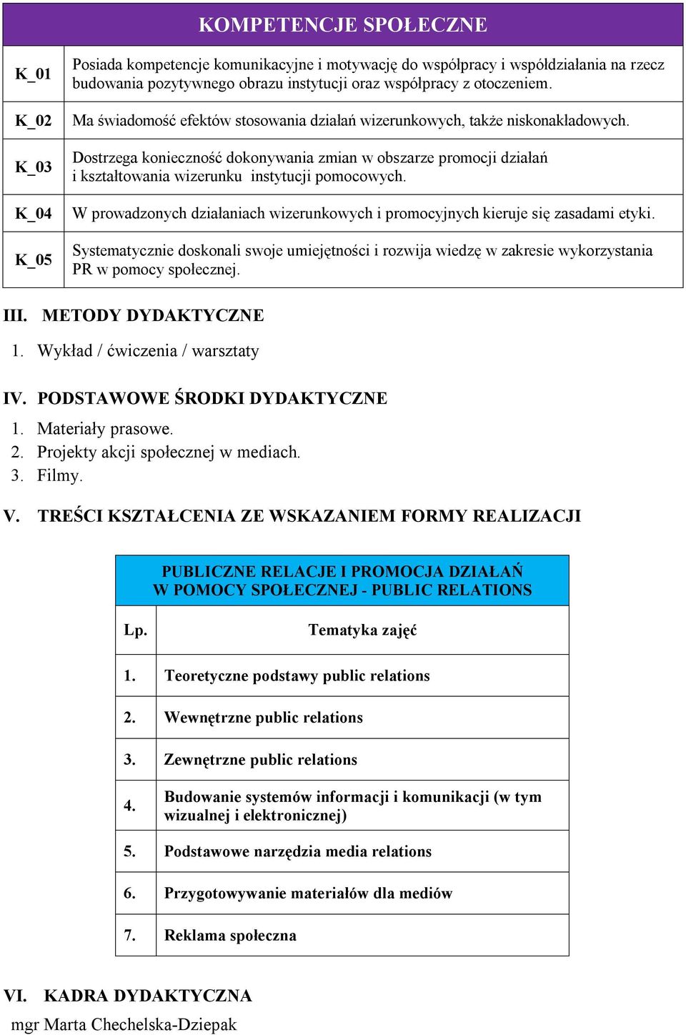 Dostrzega konieczność dokonywania zmian w obszarze promocji działań i kształtowania wizerunku instytucji pomocowych. W prowadzonych działaniach wizerunkowych i promocyjnych kieruje się zasadami etyki.