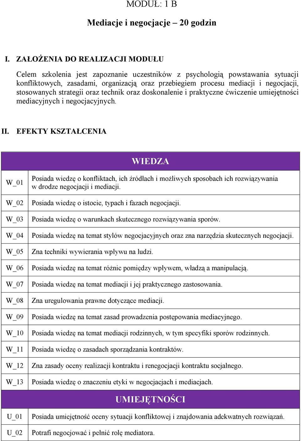 stosowanych strategii oraz technik oraz doskonalenie i praktyczne ćwiczenie umiejętności mediacyjnych i negocjacyjnych. II.