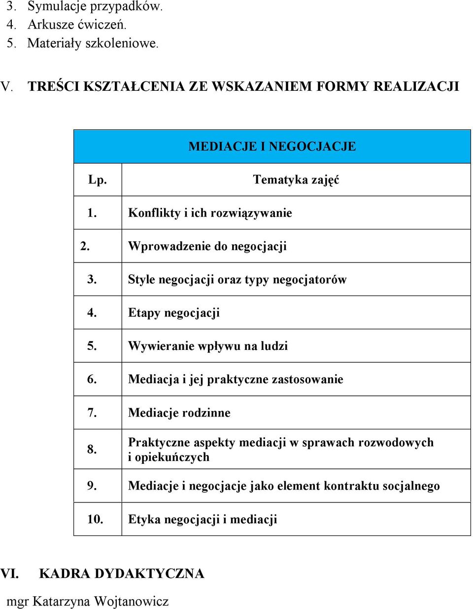 Wprowadzenie do negocjacji 3. Style negocjacji oraz typy negocjatorów 4. Etapy negocjacji 5. Wywieranie wpływu na ludzi 6.