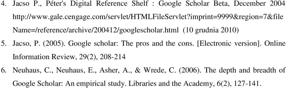 Jacso, P. (2005). Google scholar: The pros and the cons. [Electronic version]. Online Information Review, 29(2), 208-214 6.