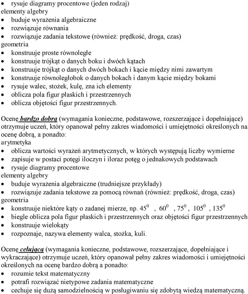 walec, stożek, kulę, zna ich elementy oblicza pola figur płaskich i przestrzennych oblicza objętości figur przestrzennych.