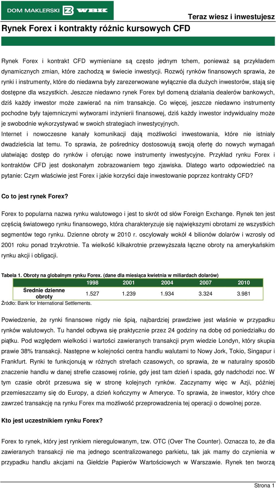 Jeszcze niedawno rynek Forex był domeną działania dealerów bankowych, dziś kaŝdy inwestor moŝe zawierać na nim transakcje.