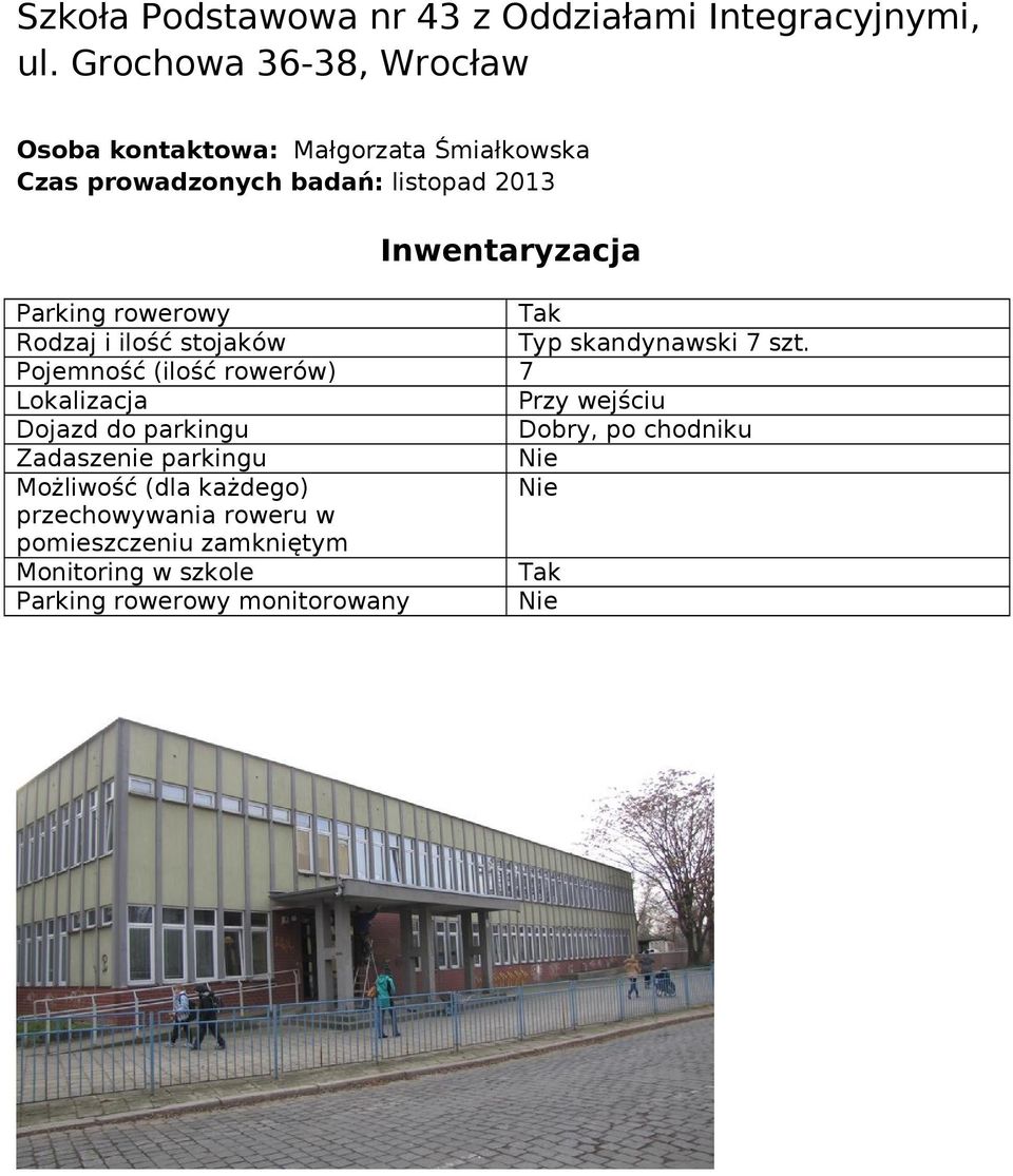 Parking rowerowy Tak Rodzaj i ilość stojaków Typ skandynawski 7 szt.