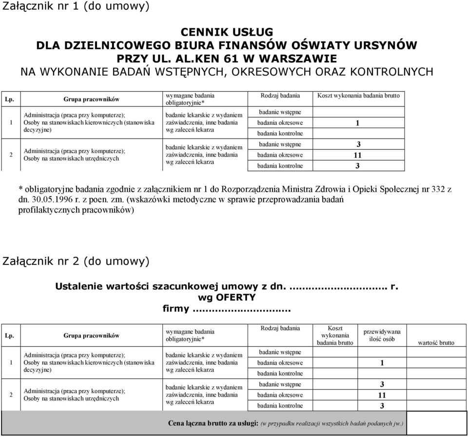 wykonania badania brutto badanie wstępne badania okresowe badania kontrolne badanie wstępne 3 badania okresowe badania kontrolne 3 * obligatoryjne badania zgodnie z załącznikiem nr do Rozporządzenia