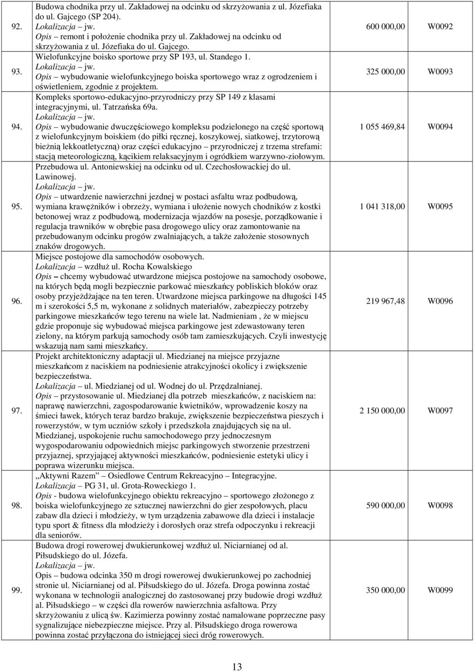 Opis wybudowanie wielofunkcyjnego boiska sportowego wraz z ogrodzeniem i oświetleniem, zgodnie z projektem. Kompleks sportowo-edukacyjno-przyrodniczy przy SP 149 z klasami integracyjnymi, ul.